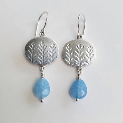 Blue chalcedony oval fern drop earring